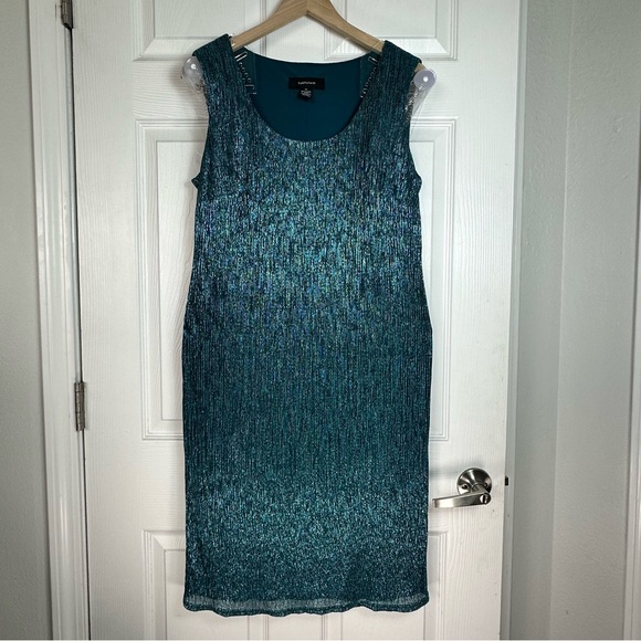R&M Richards Teal Metallic 2 Piece Dress Jacket Set Size 14 Evening Formal - Picture 1 of 9